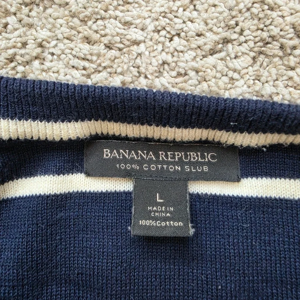 Banana Republic Sweater Mens Large Navy Blue White Striped Cotton Slub Nautical
